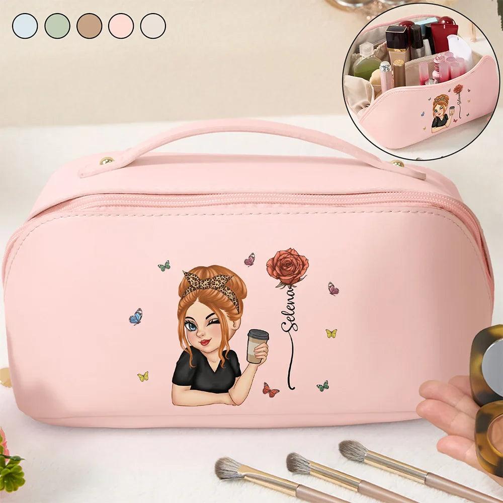 Birth Month Flower Blooming In Love - Personalized Leather Makeup Bag