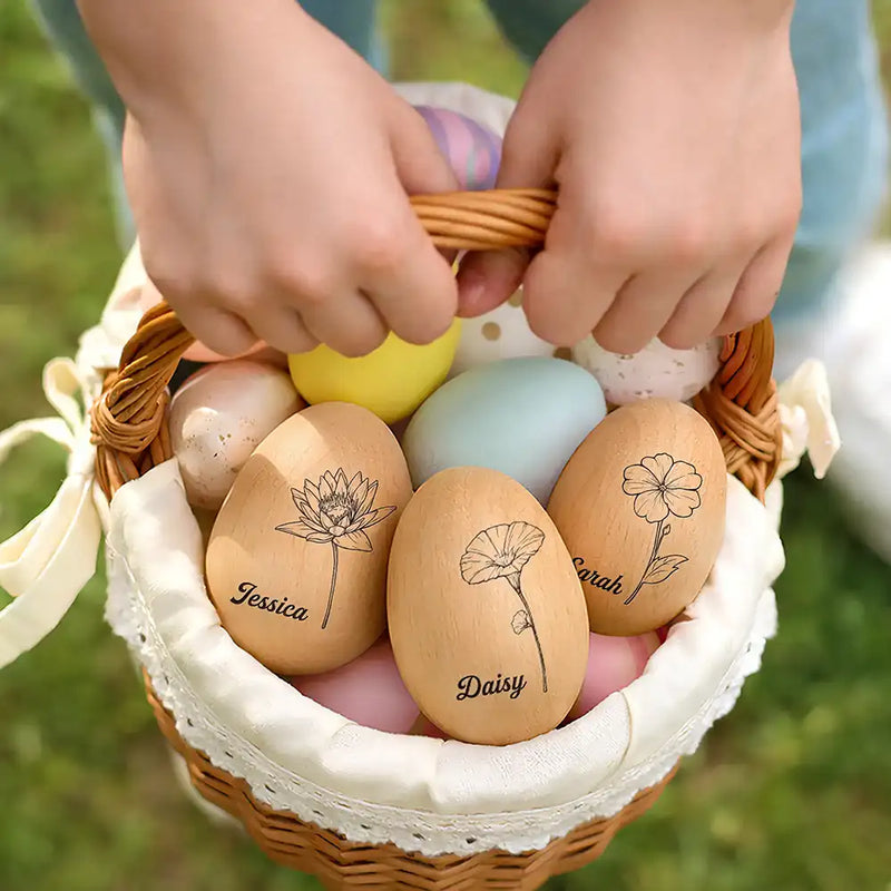 Gift For Kids, Gift For Grandkids - Birth Month Flower Blooms - Personalized Musical Wooden Easter Egg Shaker
