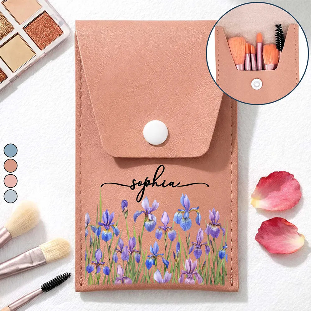 Birth Month Flower Filed & Name - Personalized Makeup Brush Bag Set