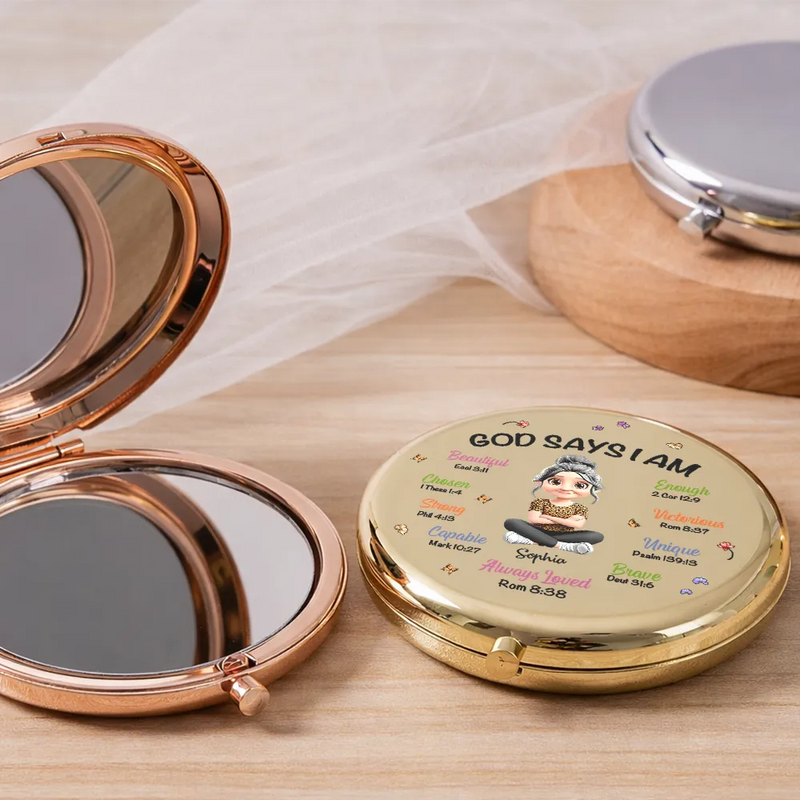 Gift For Women,Christian,Happy - Birth Month Flower God Says I Am - Personalized Compact Mirror