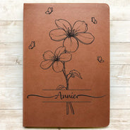 Gift For Yourself,Gift For Women - Birth Month Flower Sketch With Custom Name - Personalized Leather Journal