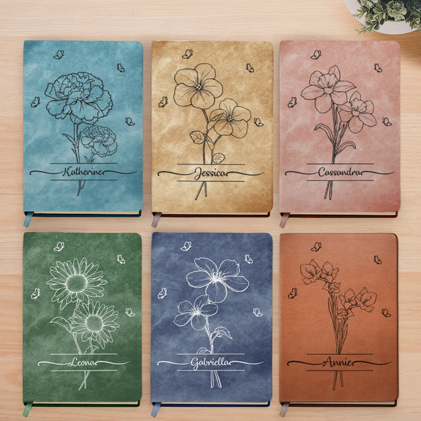 Gift For Yourself,Gift For Women - Birth Month Flower Sketch With Custom Name - Personalized Leather Journal