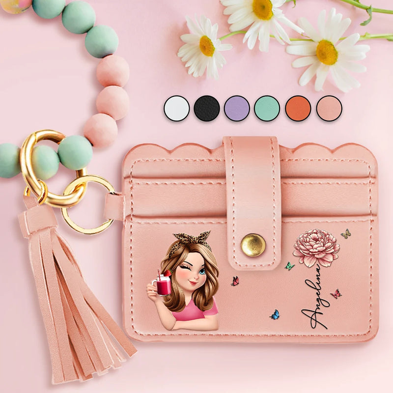 Gift For Yourself,Gift For Women,Happy,Gift For Bestie - Birth Month Flower Turban Woman - Personalized Keychain Wristlet Leather Wallet