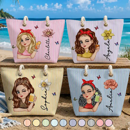Birth Month Flower Turban Woman Stripe Pattern - Personalized Beach Bag