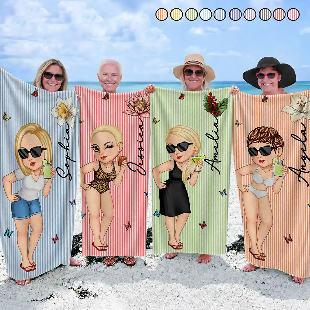 Birth Month Flower Turban Woman Stripe Pattern - Personalized Beach Towel