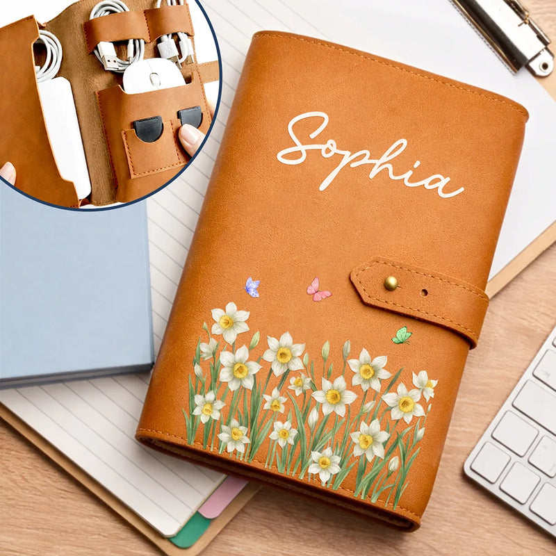 Gift For Women,Gift For Men,Gift For Yourself,Happy,Travel - Birth Month Flower Watercolor Blooming In Love - Personalized Leather Cable Bag