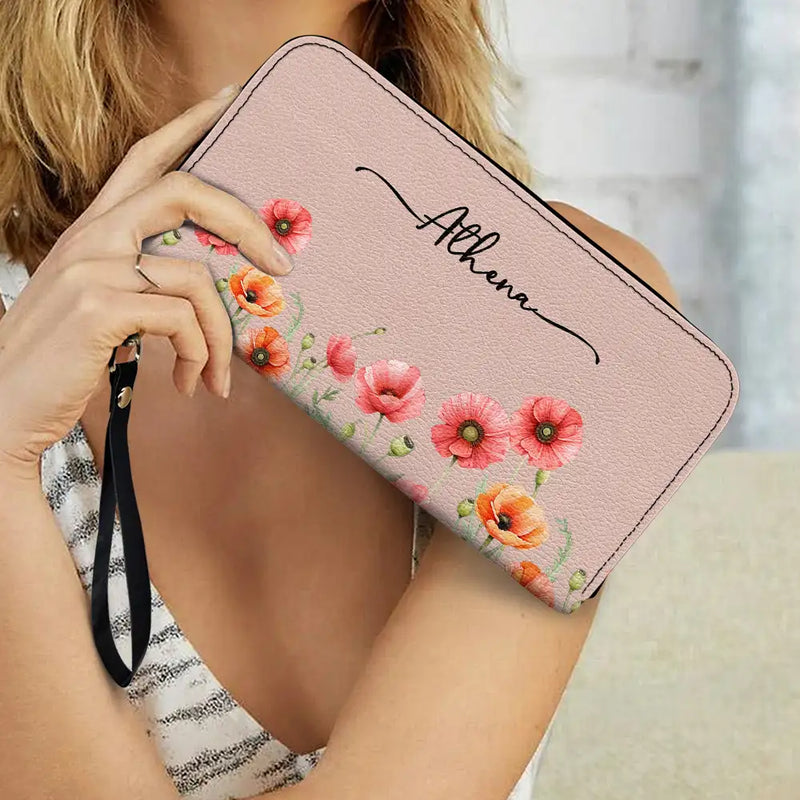 Gift For Yourself,Gift For Women,Happy - Birth Month Flower Watercolor Blooming In Love - Personalized Leather Long Wallet