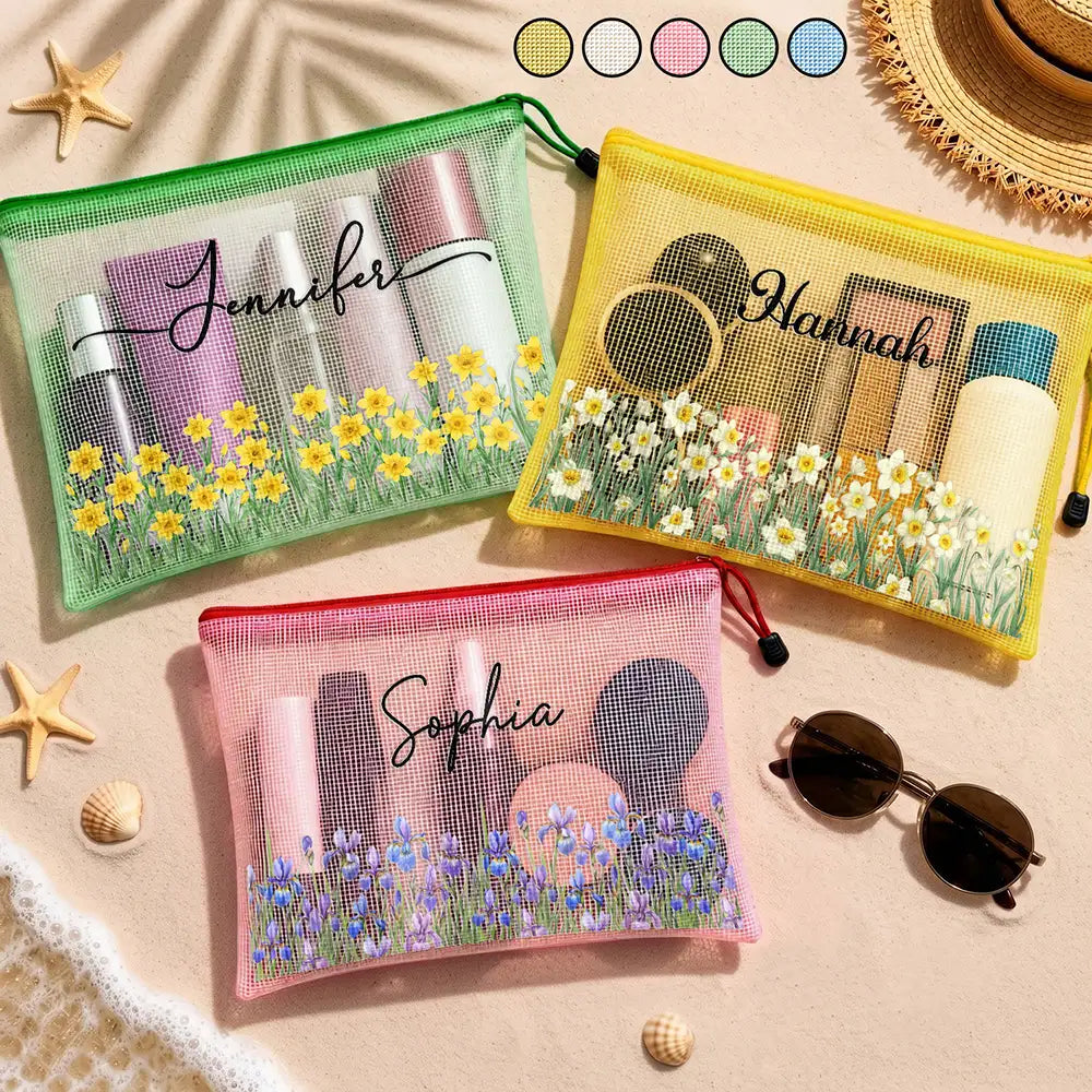 Birth Month Flower Watercolor Blooming In Love - Personalized Mesh Zipper Pouch