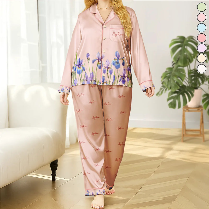 Gift For Yourself,Gift For Women,Happy - Birth Month Flower Watercolor Blooming In Love - Personalized Satin Pajama Set
