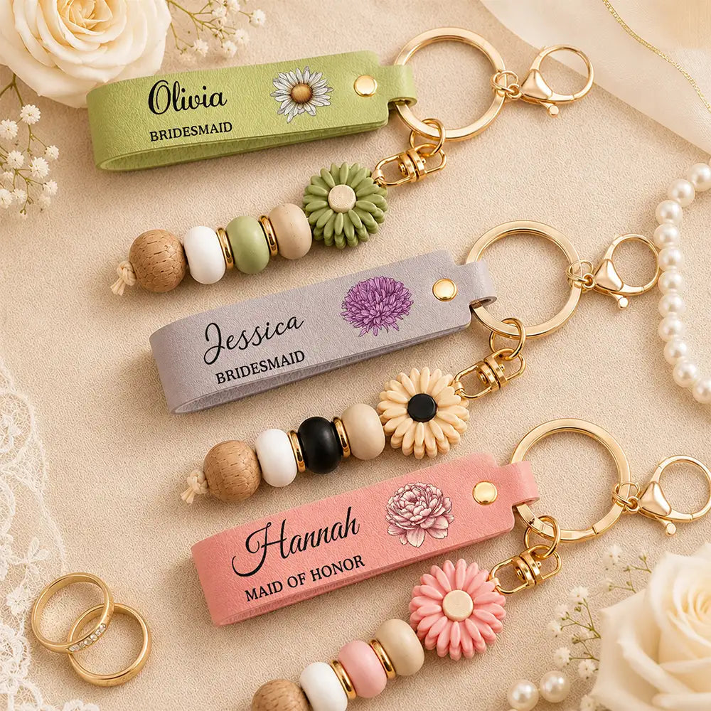 Birth Month Flower Wedding Gifts - Personalized Leather Beaded Keychain