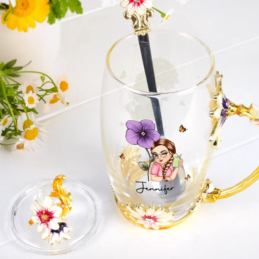 Gift For Yourself,Gift For Women,Happy,Gift For Mother,Gift For Grandma - Birth Month Flower Woman - Personalized Glass Flower Tea Cup