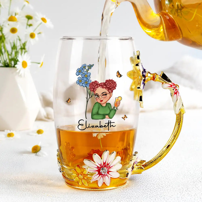 Gift For Yourself,Gift For Women,Happy,Gift For Mother,Gift For Grandma - Birth Month Flower Woman - Personalized Glass Flower Tea Cup