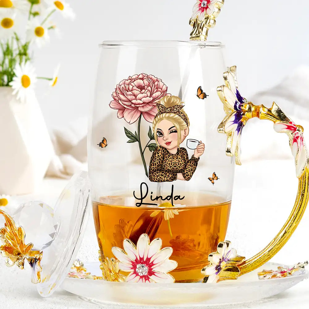 Birth Month Flower Woman - Personalized Glass Flower Tea Cup