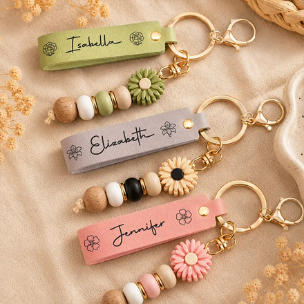 Birth Month Flower Woman Name - Personalized Leather Beaded Keychain