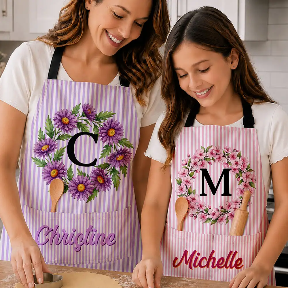 Gift For Yourself,Gift For Women,Icon,Happy - Birth Month Flower Woman Name Striped Pattern - Personalized Apron