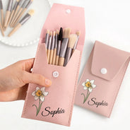 Gift For Yourself,Gift For Women,Gift For Mother,Happy - Birth Month Flower & Name - Personalized Makeup Brush Bag Set