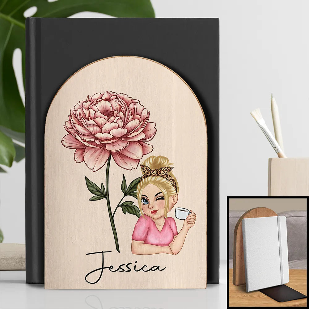 Gift For Yourself, Gift For Women, Happy - Birth Month Flowers Girl Bloom Where You're Planted - Personalized Wood Book Ends