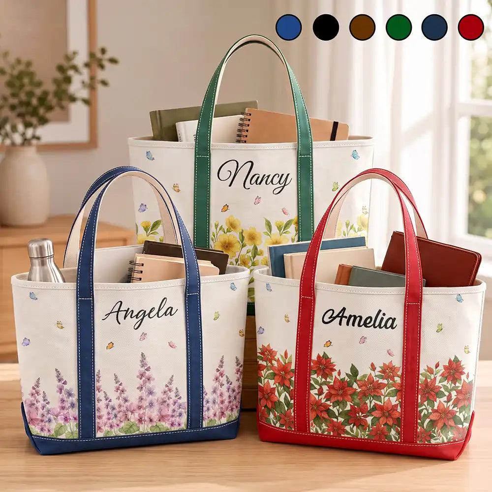 Gift For Yourself, Gift For Women, Icon, Happy - Birth Month Flowers In Bloom - Personalized Fabric Tote Bag