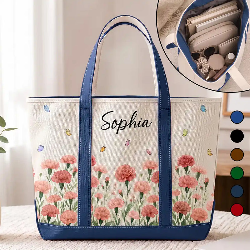 Gift For Yourself, Gift For Women, Icon, Happy - Birth Month Flowers In Bloom - Personalized Fabric Tote Bag