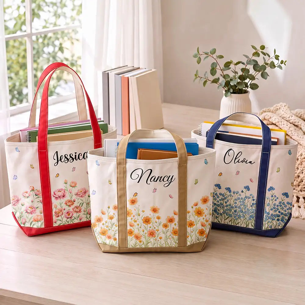 Gift For Yourself, Gift For Women, Icon, Happy - Birth Month Flowers In Bloom - Personalized Fabric Tote Bag