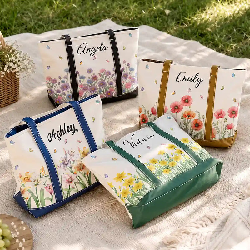 Gift For Yourself, Gift For Women, Icon, Happy - Birth Month Flowers In Bloom - Personalized Fabric Tote Bag