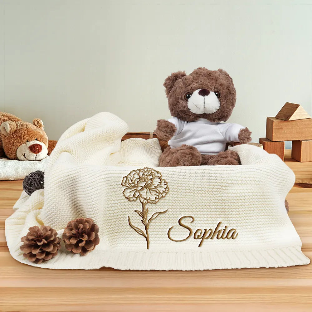 New Dad, New baby, New Mom, Love - Birth Month Flowers Sketch Baby Name - Personalized Embroidered Knitted Baby Blanket