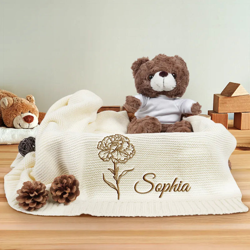 New Dad, New baby, New Mom, Love - Birth Month Flowers Sketch Baby Name - Personalized Embroidered Knitted Baby Blanket