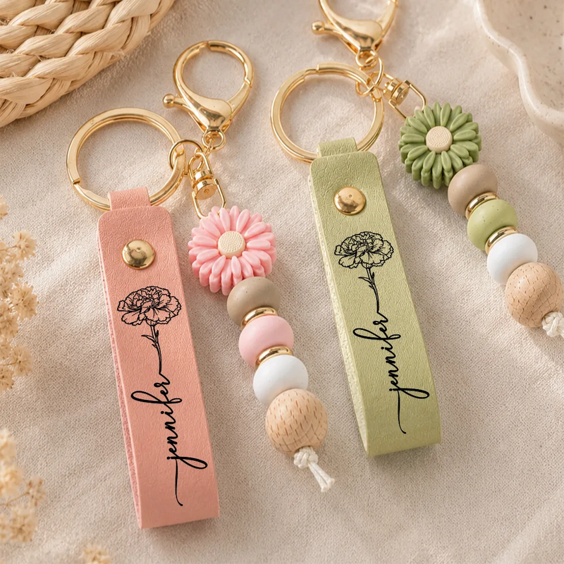 Top Market, Gift For Yourself, Adorable, Icon - Birth Month Flowers Sketch Bloom Where You're Planted - Personalized Leather Beaded Keychain