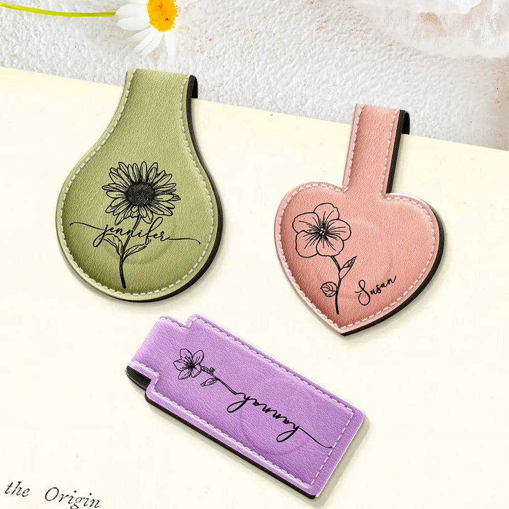 Birth Month Flowers Sketch Bloom Where You're Planted - Personalized Custom Shaped Leather Magnetic Bookmark