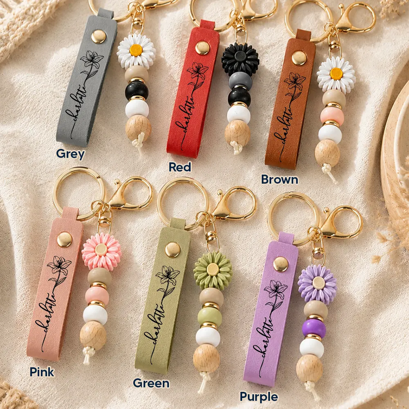 Birth Month Flowers Sketch Bloom Where You're Planted - Personalized Leather Beaded Keychain