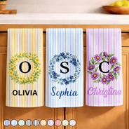 Gift For Yourself,Gift For Women,Icon,Happy - Birth Month Flower Woman Name Striped Pattern - Personalized Kitchen Towel