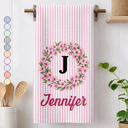 Gift For Yourself,Gift For Women,Icon,Happy - Birth Month Flower Woman Name Striped Pattern - Personalized Kitchen Towel