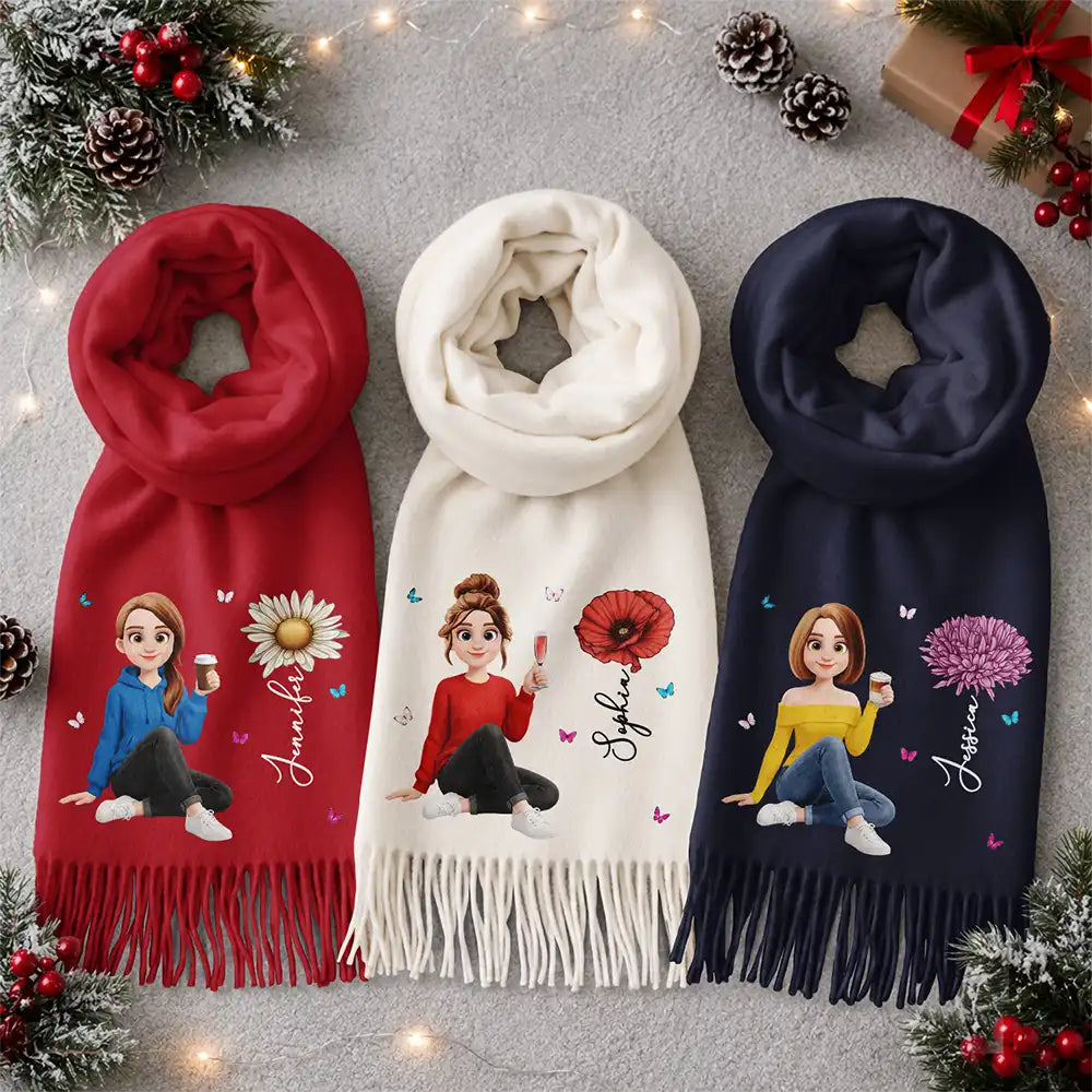 Christmas,Gift For Women,Gift For Yourself,Gifts For Her,Happy,Vector - Birthday Gift For Mom Grandma - Personalized Birth Month Flower Tassel Scarf