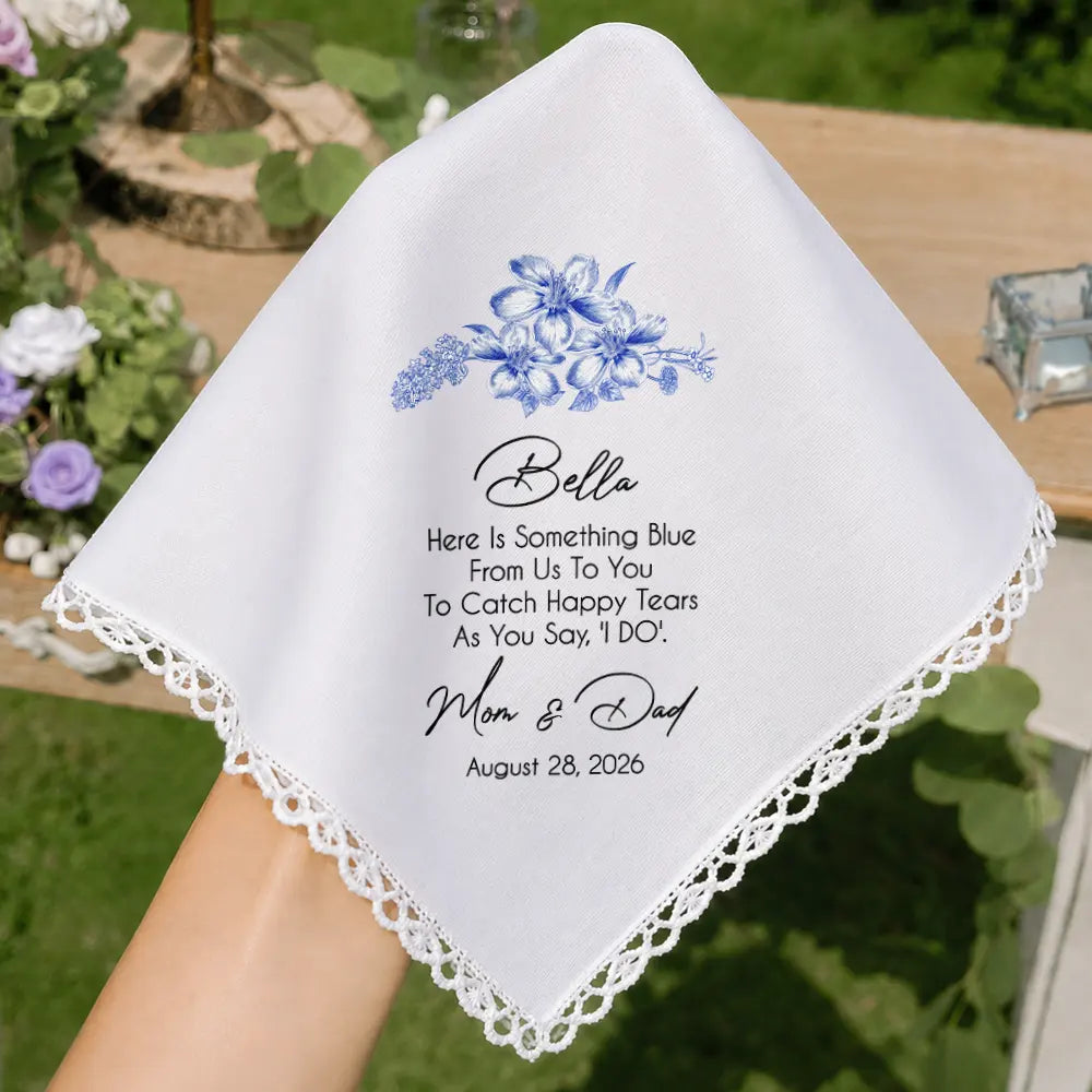 Sentimental,Gift For Children,Gift For Daughter,Wedding,Icon,Custom Text - Blue Wedding Birth Flower Toile For Bride, Daughter - Personalized Handkerchief