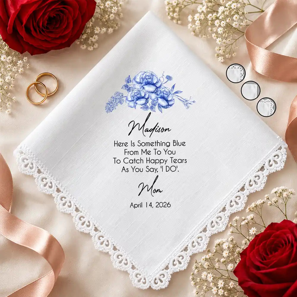 Sentimental,Gift For Children,Gift For Daughter,Wedding,Icon,Custom Text - Blue Wedding Birth Flower Toile For Bride, Daughter - Personalized Handkerchief