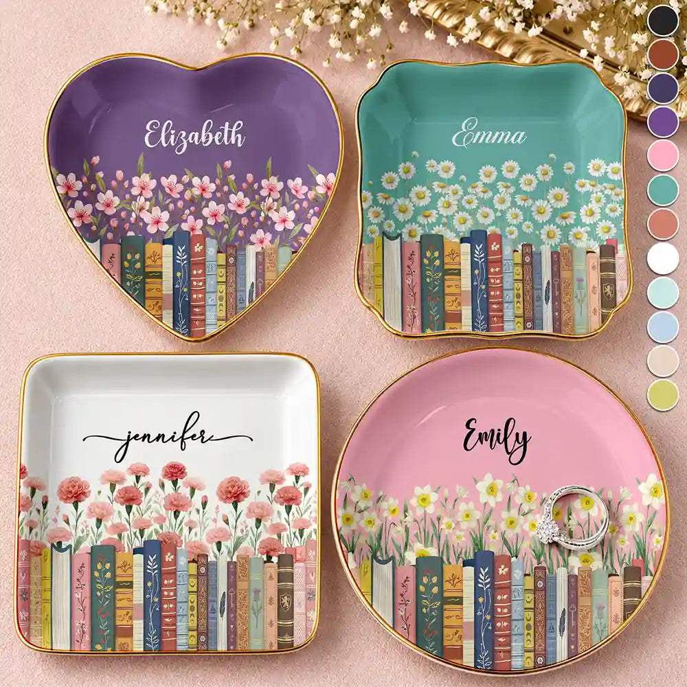 Christmas,Reading,Gift For Yourself,Icon,Happy - Book Lovers Birth Month Flower Keepsake Gift For Her - Personalized Ring Dish