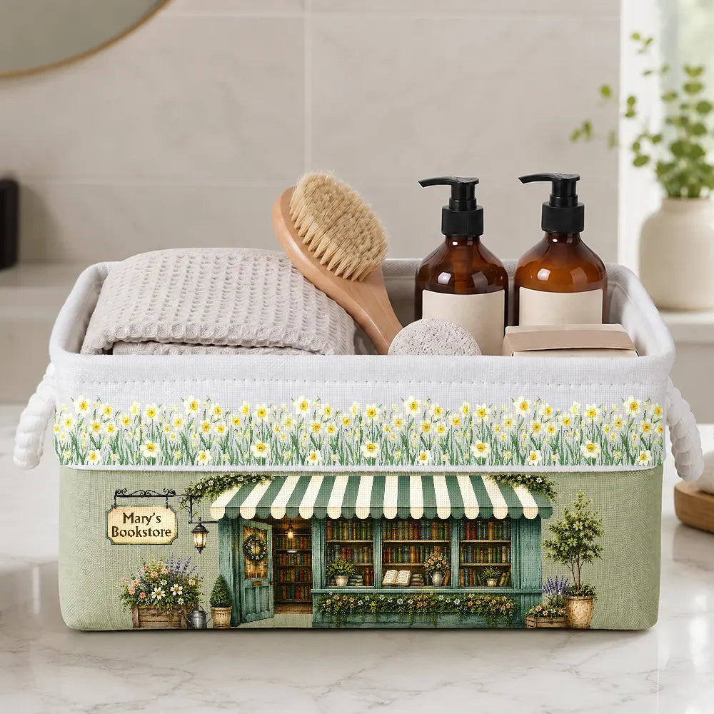Top Market,Back To School,Cozy,Reading,Gift For Yourself,Gift For Women,Icon - Book Lovers Corner Bookshop With Birth Month Flower - Personalized Storage Basket