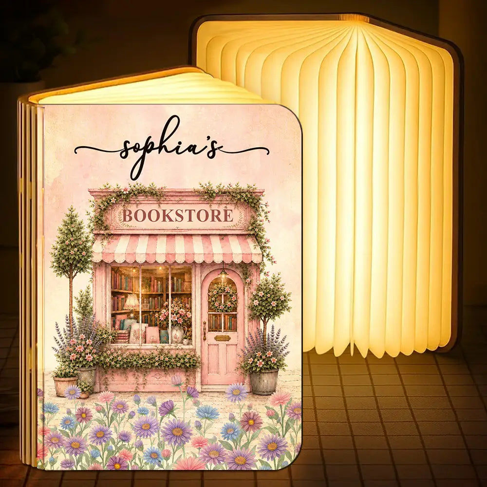 Book Lovers Corner Bookstore With Birth Month Flower - Personalized Book Lamp