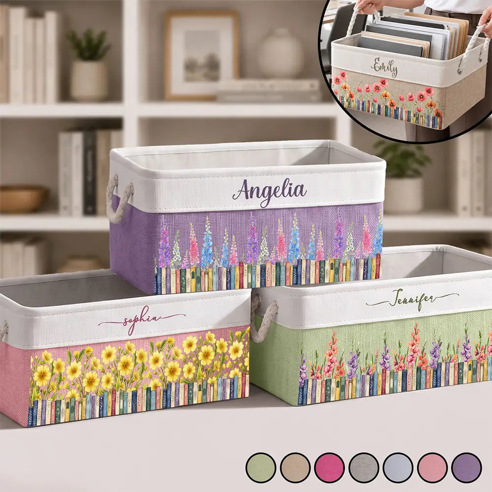 Book Lovers Watercolor Birth Month Flower - Personalized Storage Basket