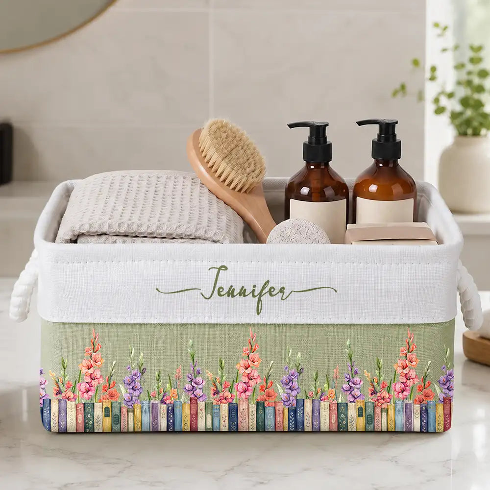 Top Market,Confident,Reading,Gift For Yourself,Gift For Women,Icon - Book Lovers Watercolor Birth Month Flower - Personalized Storage Basket