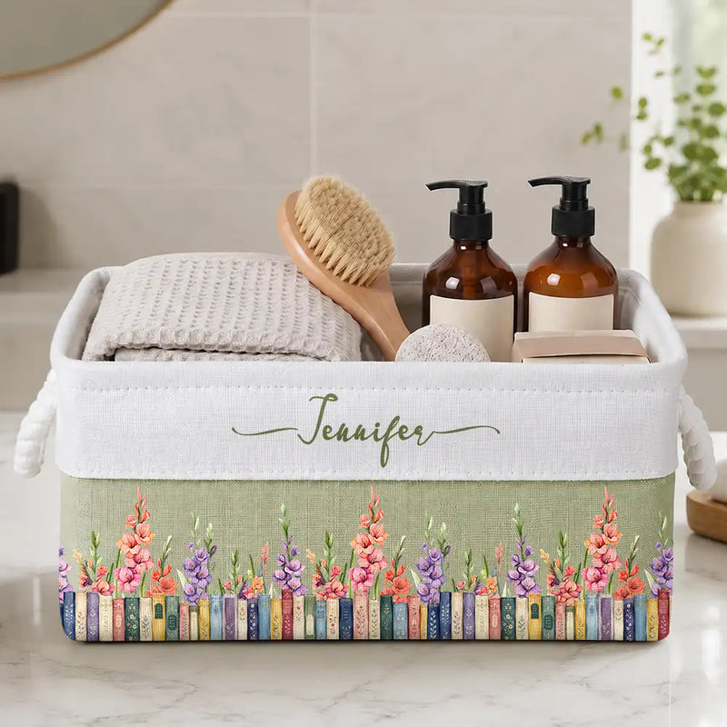 Top Market,Confident,Reading,Gift For Yourself,Gift For Women,Icon - Book Lovers Watercolor Birth Month Flower - Personalized Storage Basket
