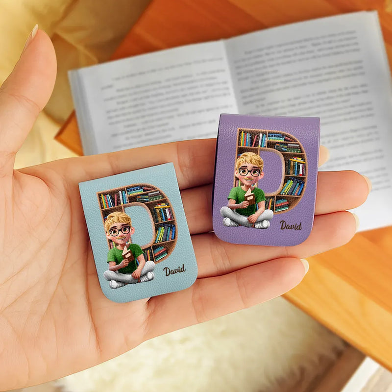 Reading,Gift For Yourself,Happy - Bookish Monogram Girl With Book - Personalized Leather Bookmark