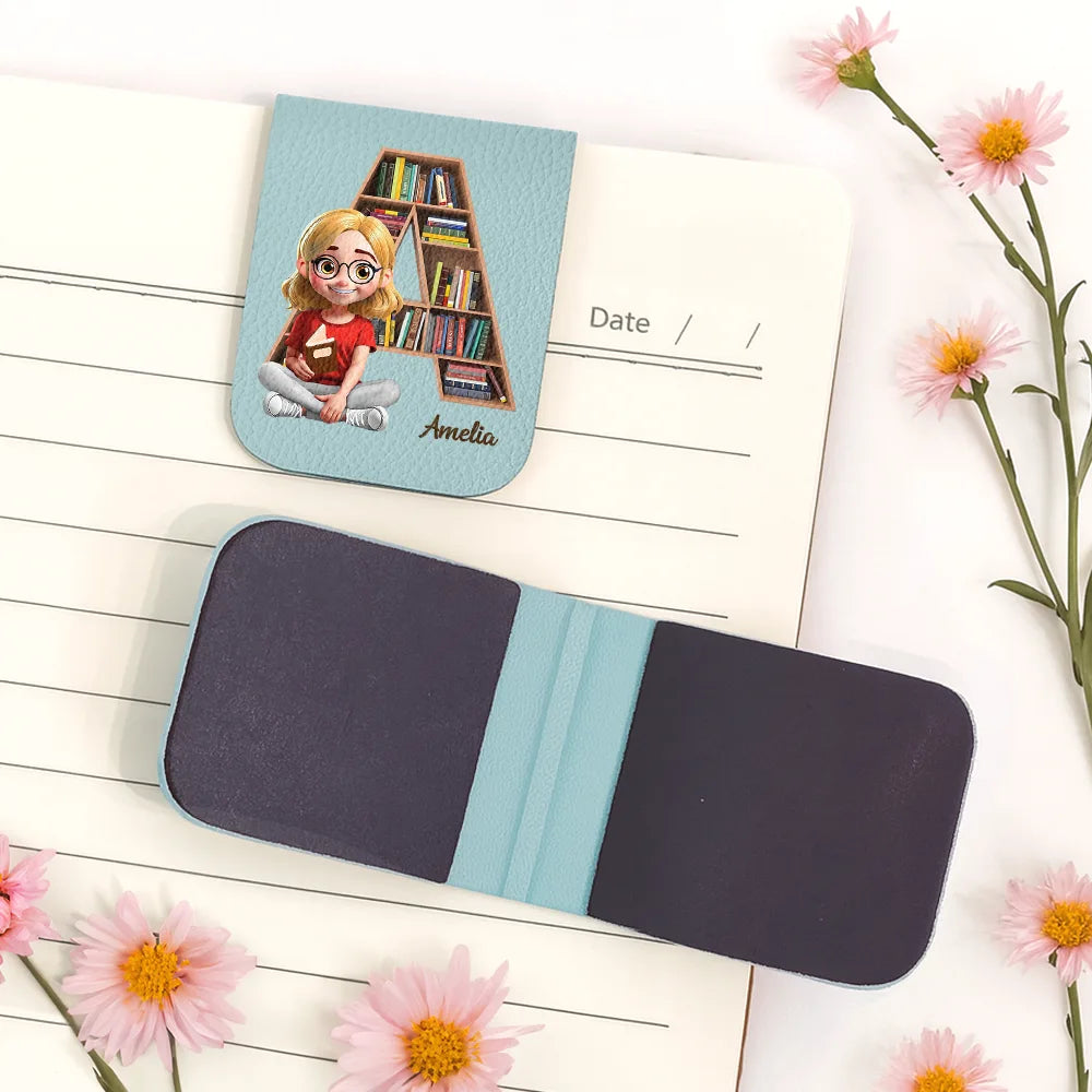 Reading,Gift For Yourself,Happy - Bookish Monogram Girl With Book - Personalized Leather Bookmark
