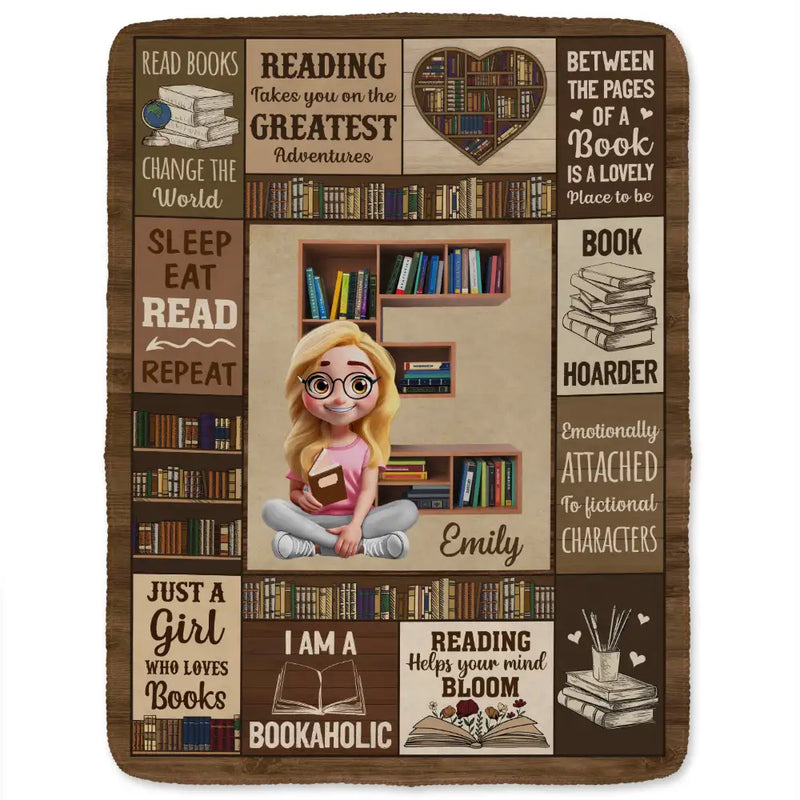 Reading,Gift For Yourself,Gift For Women,Happy - Bookish Monogram Reading Blanket - Personalized Fleece Blanket, Sherpa Blanket