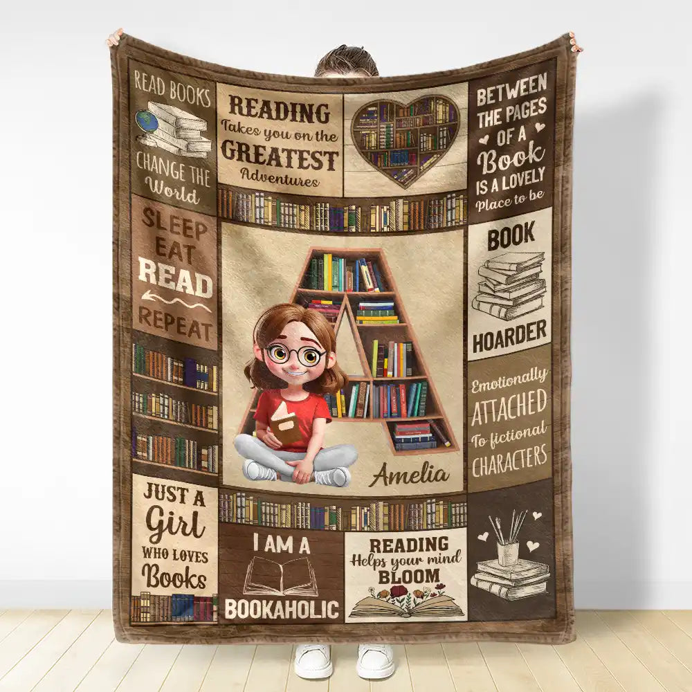 Reading,Gift For Yourself,Gift For Women,Happy - Bookish Monogram Reading Blanket - Personalized Fleece Blanket, Sherpa Blanket