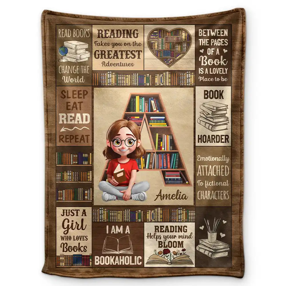 Reading,Gift For Yourself,Gift For Women,Happy - Bookish Monogram Reading Blanket - Personalized Fleece Blanket, Sherpa Blanket