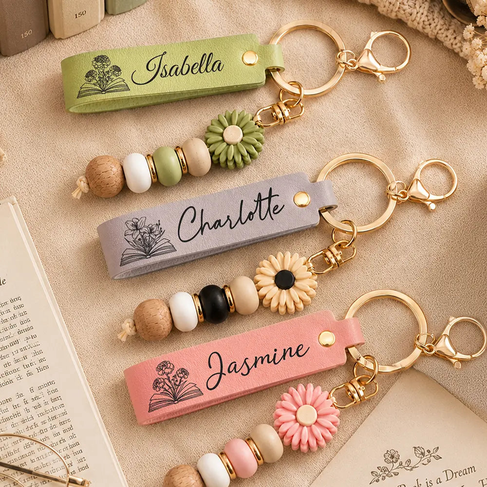 Gift For Yourself, Gift For Women, Reading, Adorable, Icon - Books Birth Month Flower - Personalized Leather Beaded Keychain