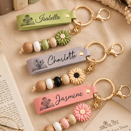Books Birth Month Flower - Personalized Leather Beaded Keychain