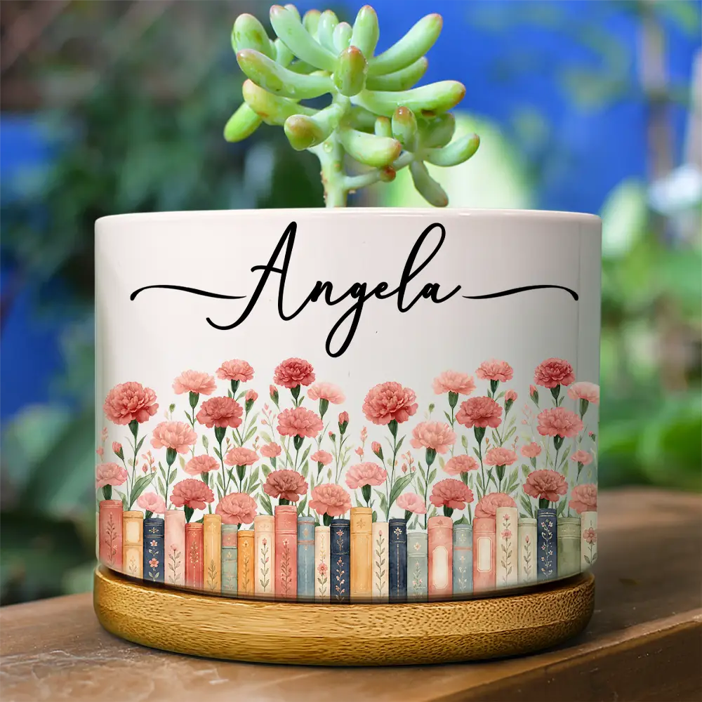 Adorable,Reading,Gift For Yourself,Icon - Bookshelf Flower Garden - Personalized Ceramic Plant Pot