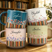 Reading,Gift For Yourself,Adorable,Icon - Bookshelf Flower Garden - Personalized Pottery Mug